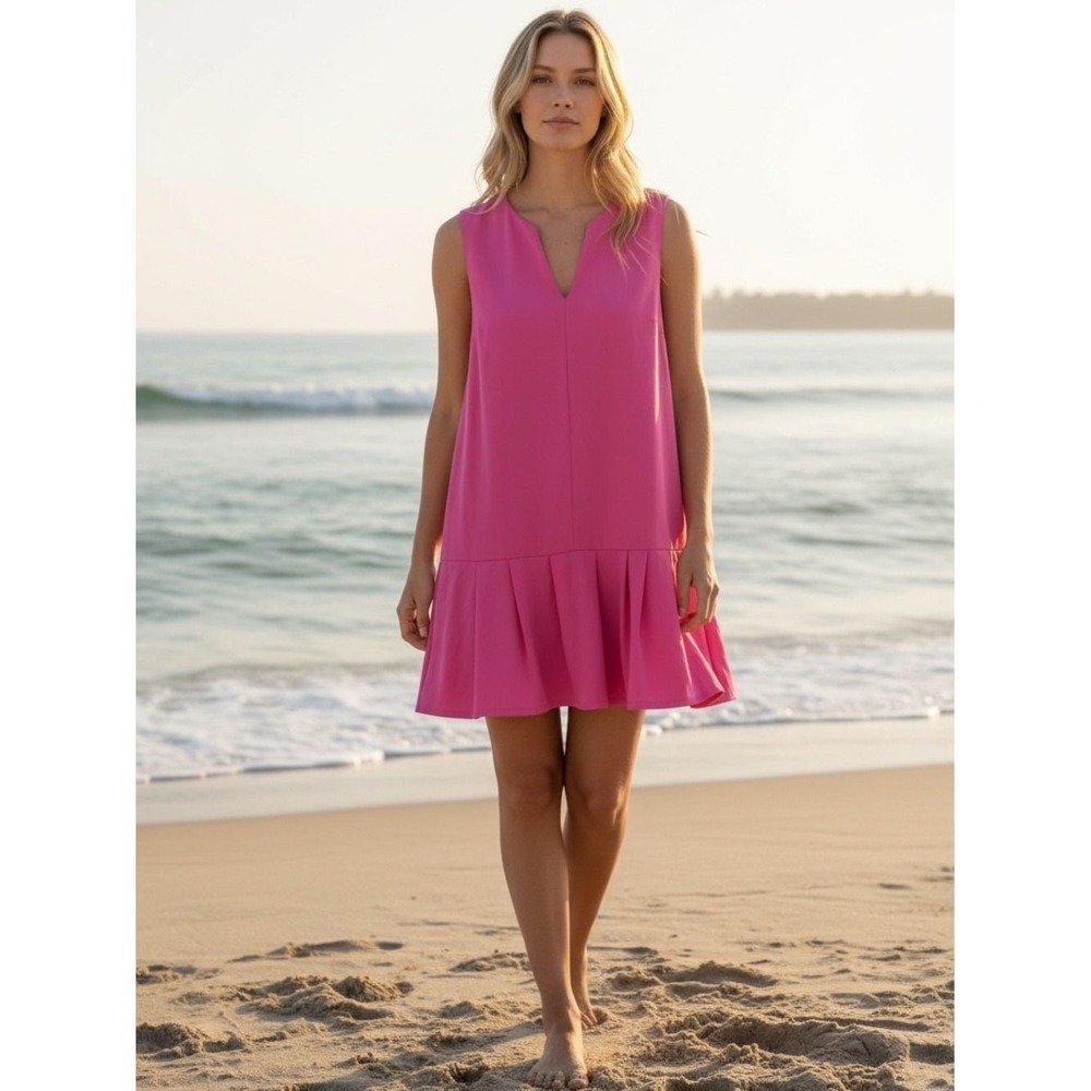 She + Sky Fuchsia Sleeveless V-Neck Ruffle Hem Mini Dress